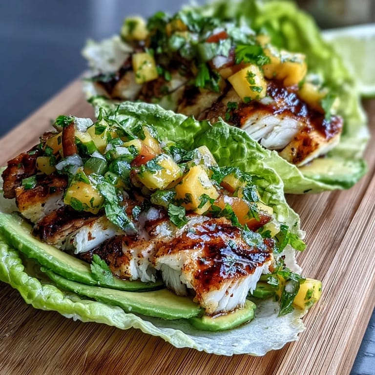 Light and healthy grilled fish tacos wrapped in crisp lettuce and topped with vibrant mango salsa.