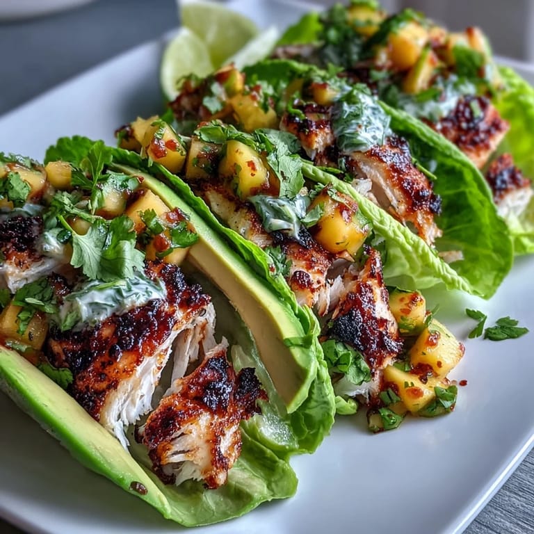 Low-carb grilled fish tacos served in lettuce leaves with sweet mango salsa and creamy avocado slices.