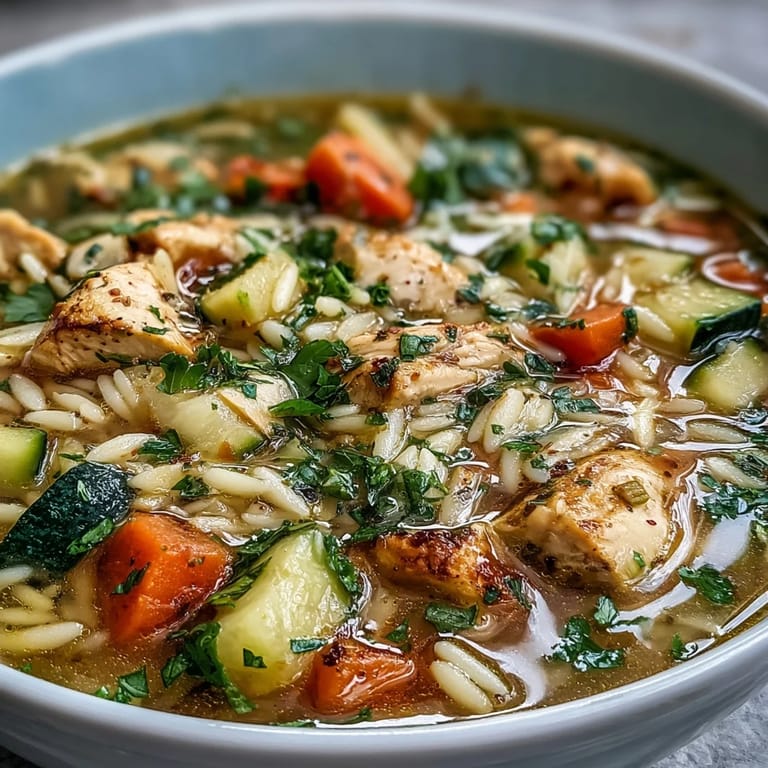 Cozy bowl of Lemon Chicken and Zucchini Orzo Soup featuring al dente orzo, juicy chicken, and a burst of citrus.  