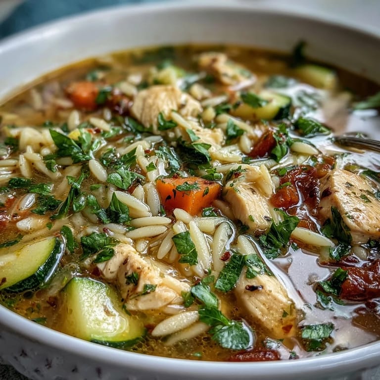 Hearty Lemon Chicken and Zucchini Orzo Soup garnished with parsley, perfect for a comforting, nourishing meal.