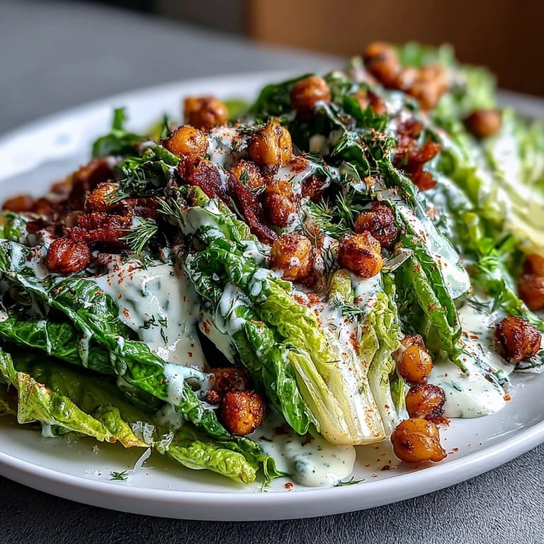 Crispy, smoky roasted chickpeas top fresh romaine lettuce in this dairy-free Caesar salad with tangy cashew-based dressing.