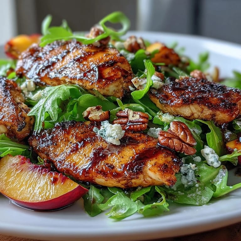 Fresh arugula topped with grilled chicken, caramelized peaches, feta crumbles, and crunchy pecans, drizzled with homemade balsamic reduction.