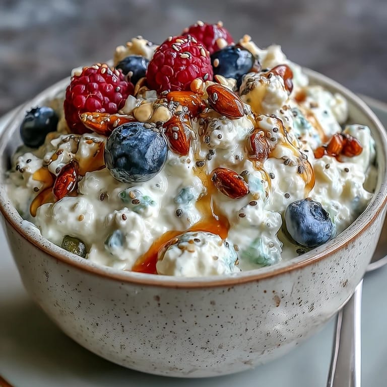 Wholesome 5-minute cottage cheese bowl with mixed berries and a sprinkle of chia and flaxseeds for added texture.  