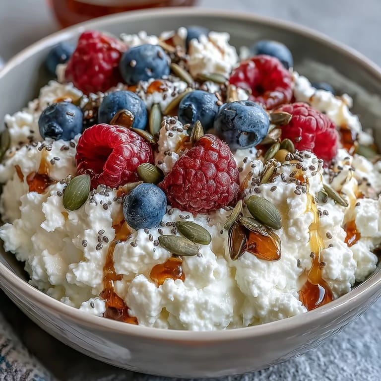 Protein-rich cottage cheese and berry bowl garnished with crunchy seeds and a drizzle of honey for natural sweetness.