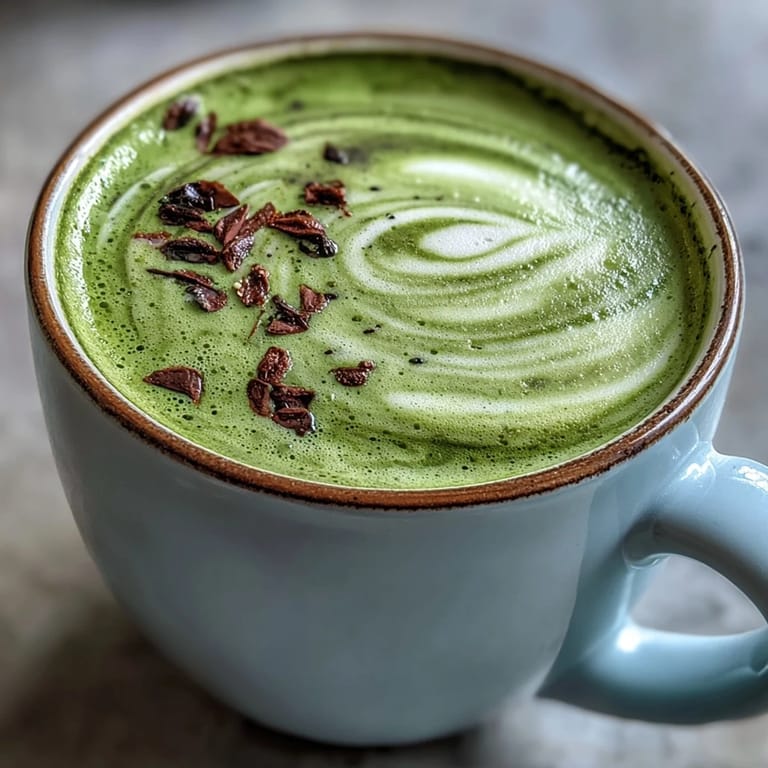Two steaming cups of black sesame matcha latte with marbled green and black swirls, garnished with black sesame seeds and served alongside a bamboo whisk.