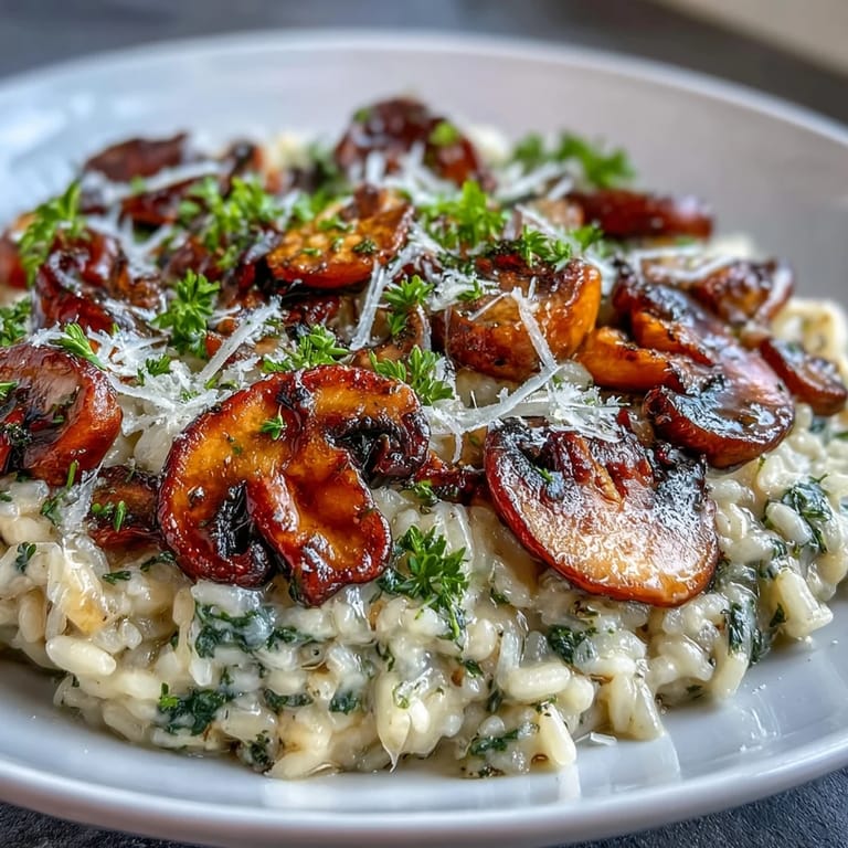 Silky wild mushroom risotto finished with truffle oil, featuring tender mushrooms and rich, buttery flavors in every bite.  
