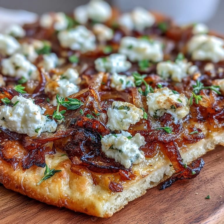 A savory vegetarian flatbread featuring deeply caramelized onions, crumbled goat cheese, and aromatic thyme, baked to golden perfection.