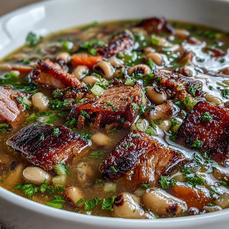 Southern-style Ham and Black-Eyed Pea Soup featuring diced ham, creamy black-eyed peas, and aromatic herbs simmered to perfection.