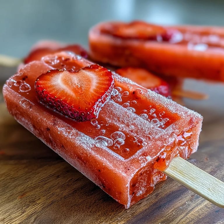 Refreshing strawberry and orange juice popsicles infused with bubbly Prosecco, garnished with fresh fruit slices for a celebratory dessert.  