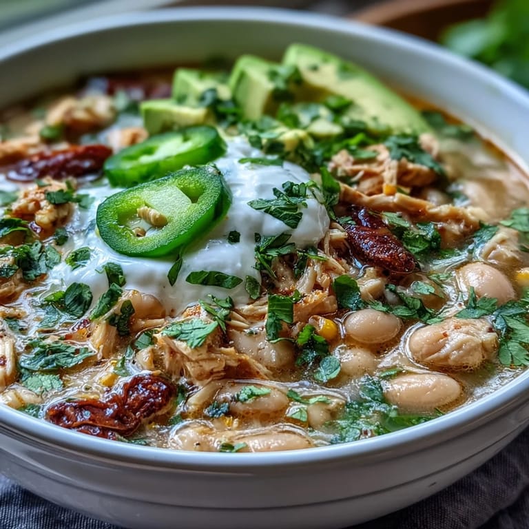 Creamy white bean chicken chili topped with fresh cilantro, avocado, and a squeeze of lime for a comforting, protein-rich meal.  