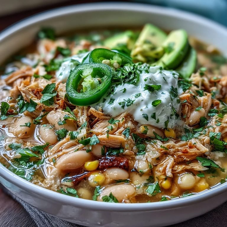 A steaming bowl of white bean chicken chili with colorful vegetables, spices, and optional Greek yogurt garnish for added creaminess.