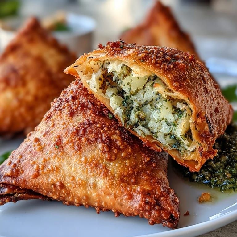 Golden vegetable samosas served with fresh mint chutney, perfect for healthy Indian appetizers.  