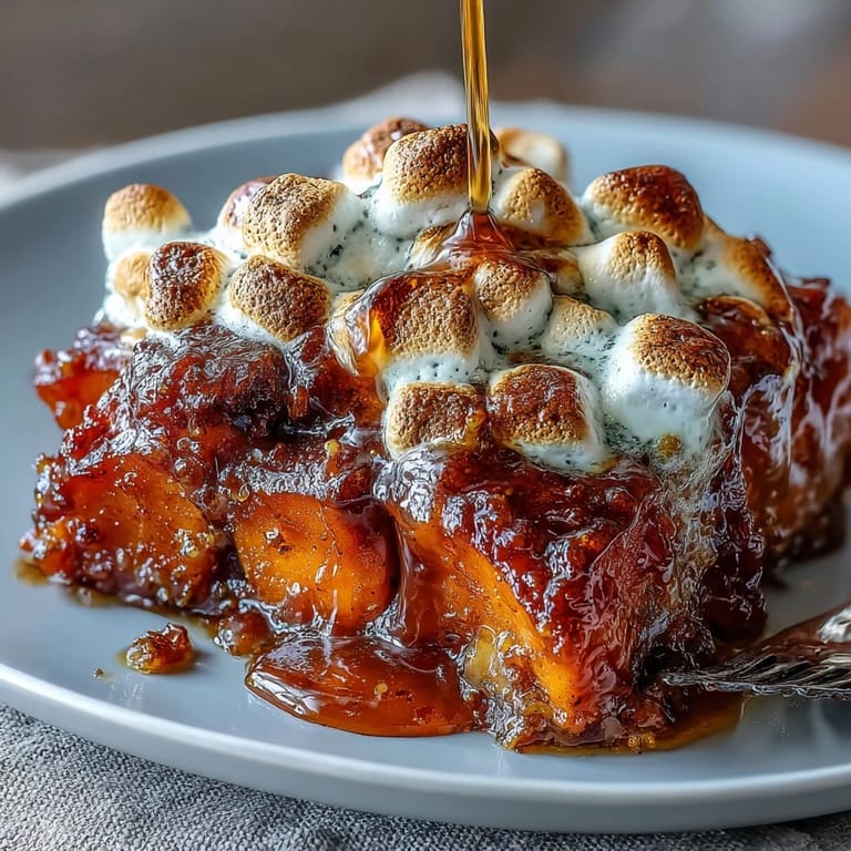 A comforting side dish of tender yams topped with gooey melted marshmallows and a hint of vanilla aroma.