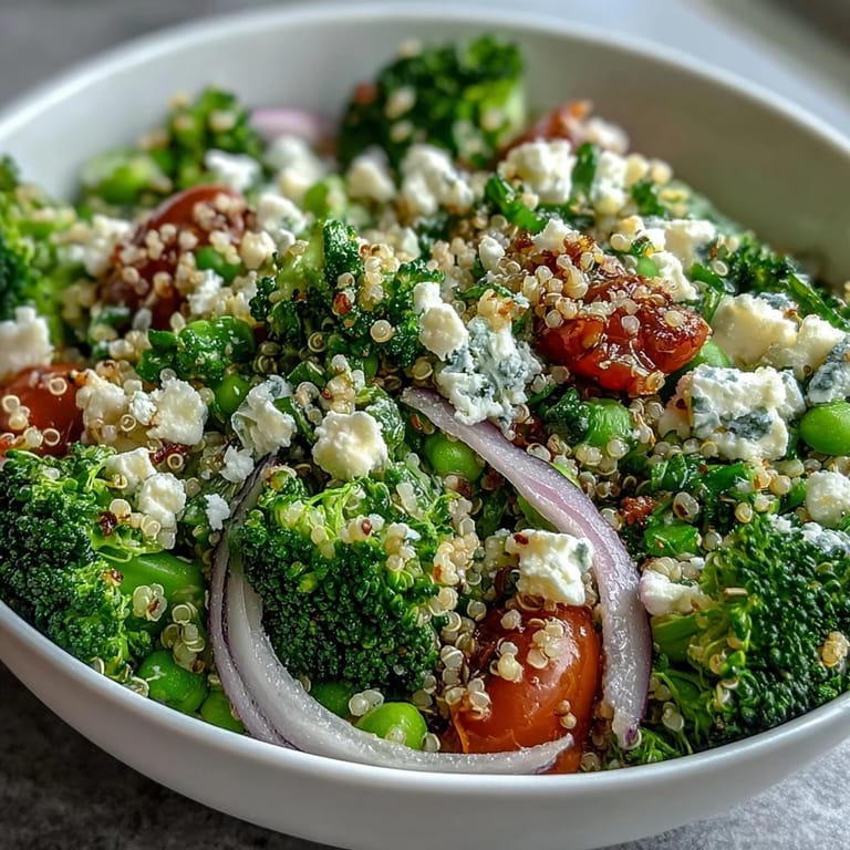 Nutritious quinoa bowl packed with crisp broccoli florets, vibrant green peas, juicy cherry tomatoes, and tangy feta cheese, perfect for a light lunch or dinner.