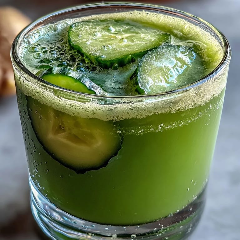Refreshing cucumber apple ginger juice in a clear glass, showcasing its natural pale green hue and fresh ingredients.  