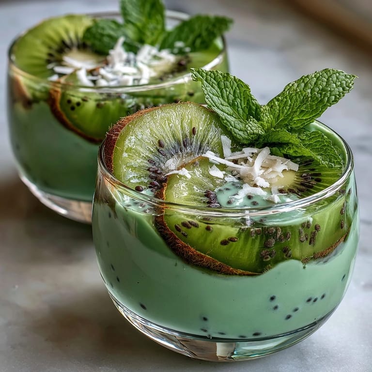 Creamy coconut chia pudding swirled with tangy lime and topped with diced kiwi, served in a clear glass for a stunning visual.