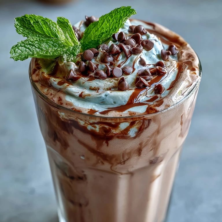 Indulgent chocolate mint protein shake blended with frozen banana and spinach for a nutritious, energizing breakfast or snack.