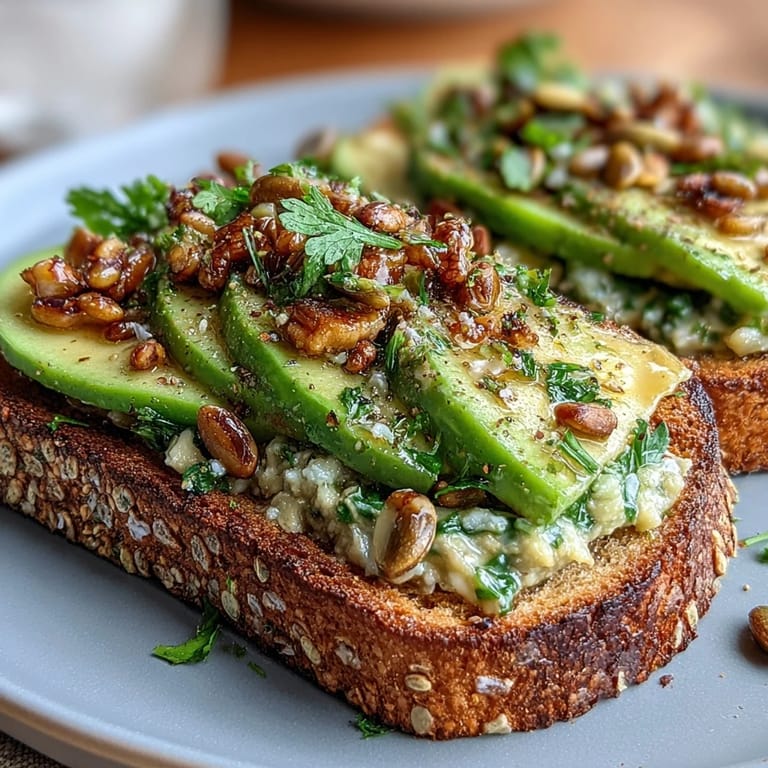 Creamy mashed avocado spread over crispy toast, layered with tart green apple slices and crunchy pumpkin seeds for a refreshing breakfast.