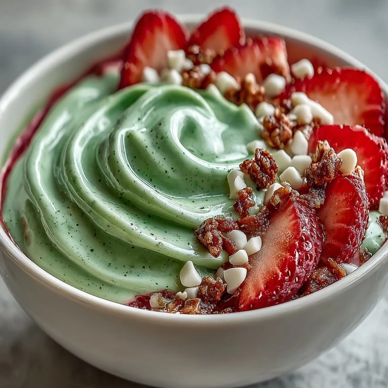 Vibrant matcha and strawberry smoothie bowl layered with coconut flakes, chia seeds, and white chocolate chips for a café-inspired treat.