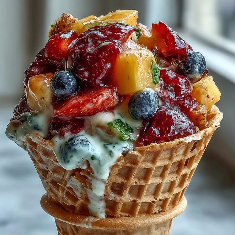 Colorful summer fruit cones bursting with pineapple, kiwi, and grapes, paired with tangy honey-lemon yogurt dip for a refreshing treat.  