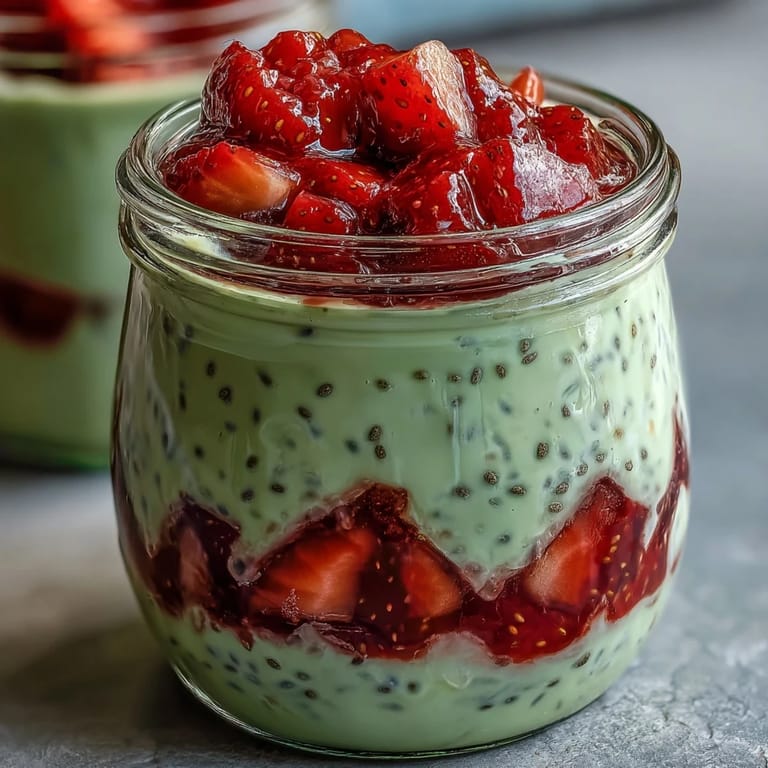 Layered breakfast jars filled with strawberry chunks, matcha-infused oats, and Greek yogurt for a refreshing, nourishing start.