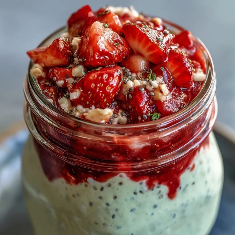 Strawberry and matcha overnight oats in glass jars, topped with fresh berries and a drizzle of maple syrup.
