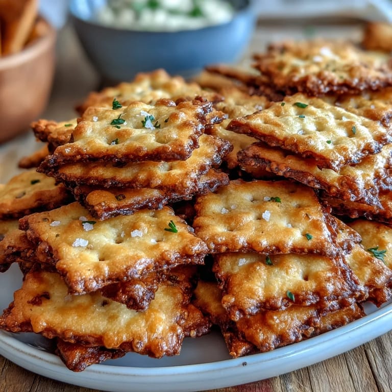 Golden-baked sourdough crackers infused with sharp cheddar and classic ranch spices, perfect for sharing during the big game.  