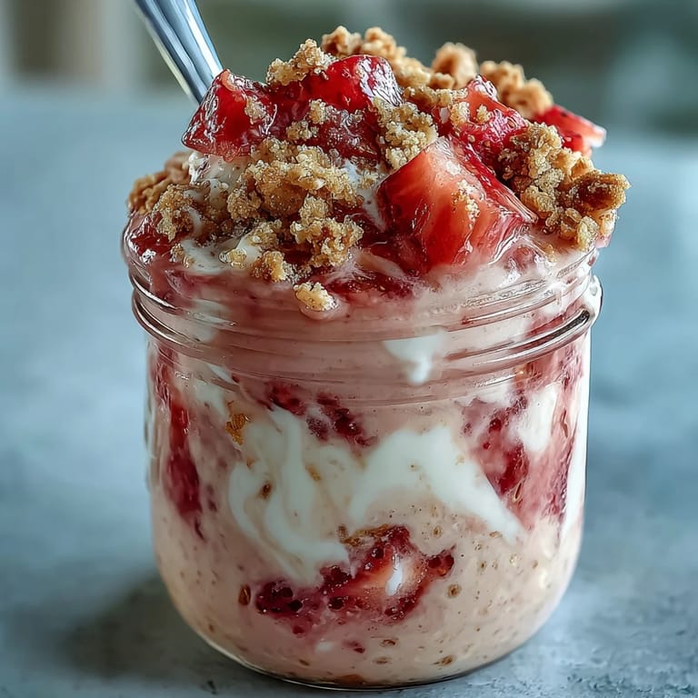Rich and dreamy strawberry cheesecake oats in a jar, garnished with diced berries and golden graham cracker crumbs.