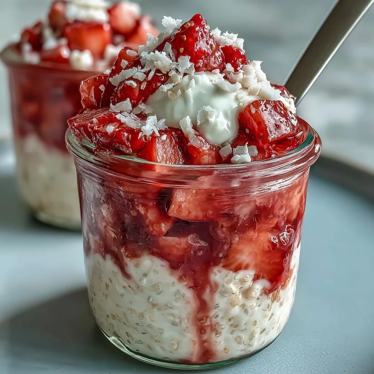Creamy coconut milk-soaked oats layered with sweet strawberries and chia seeds, garnished with coconut yogurt for a tropical vegan breakfast treat.