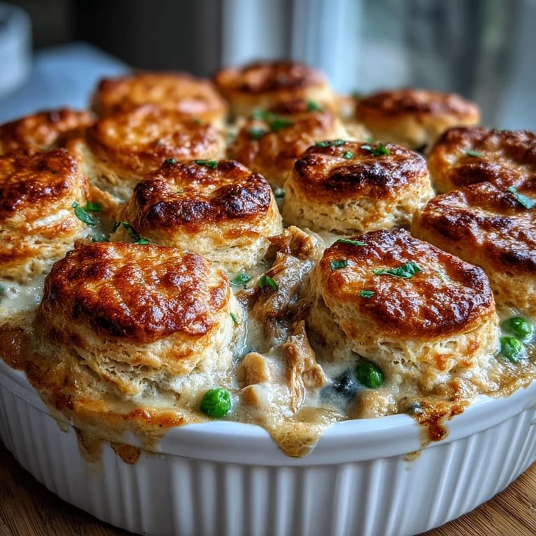 Fluffy biscuit crust covers a bubbling chicken pot pie filled with creamy vegetables and shredded chicken.