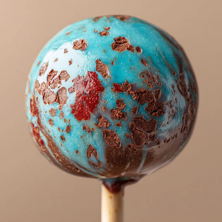 Bite-sized robins egg blue cake pops coated in chocolate and speckled for a festive look.