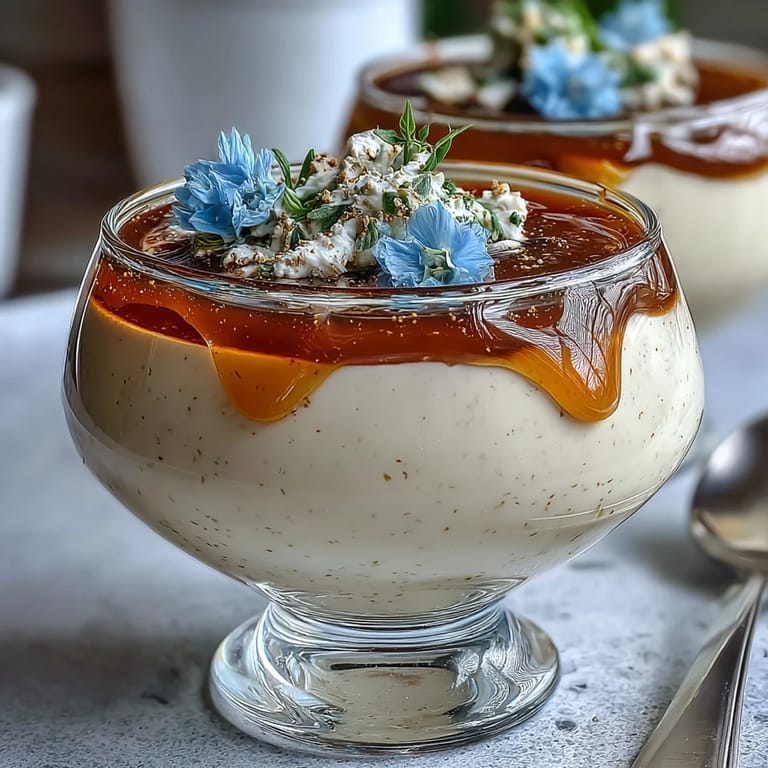 Creamy panna cotta infused with lavender and sweetened with honey, garnished with edible flowers.