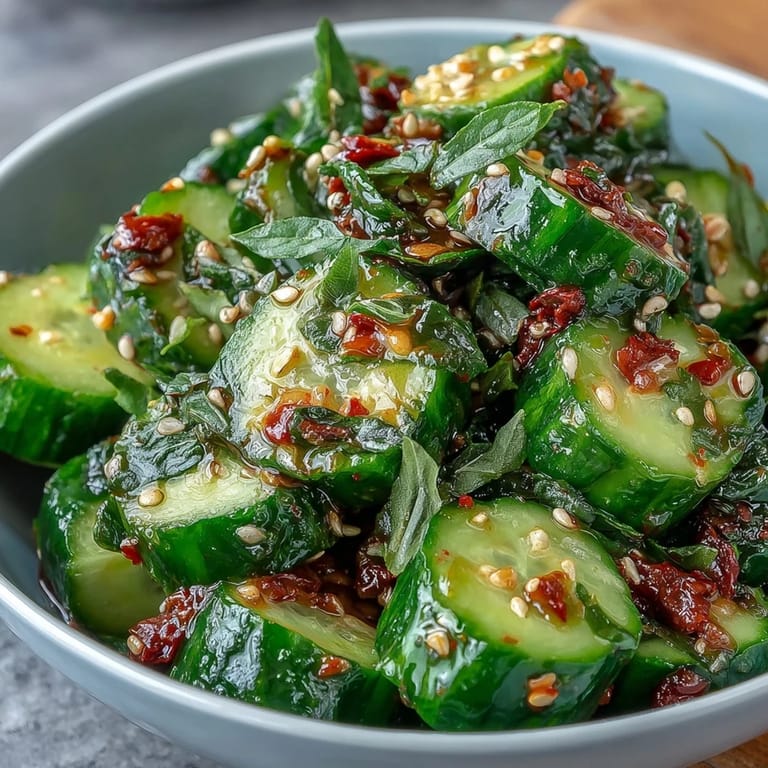 Vibrant smashed cucumber salad tossed in tangy rice vinegar dressing and topped with golden garlic chili oil. Refreshing and bold.  