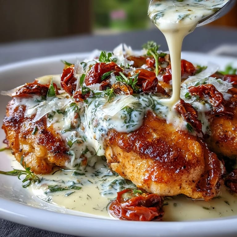 Velvety Creamy Tuscan Chicken with Sun-Dried Tomatoes, tender chicken simmered in a fragrant garlic cream sauce with Parmesan and fresh herbs.