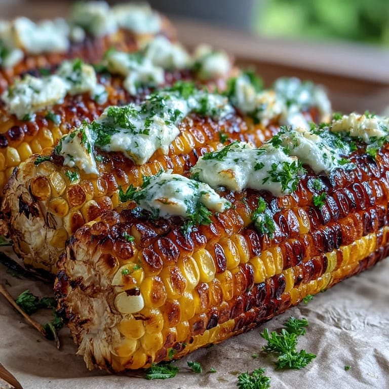 Juicy BBQ corn wrapped in foil, slathered with fragrant herb butter, charred to perfection for a summer cookout.
