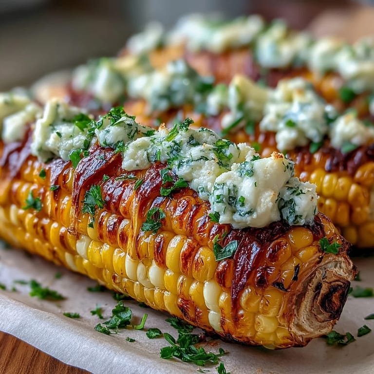 Sweet corn on the cob grilled in foil with herb butter, sprinkled with Parmesan and served with lime wedges.