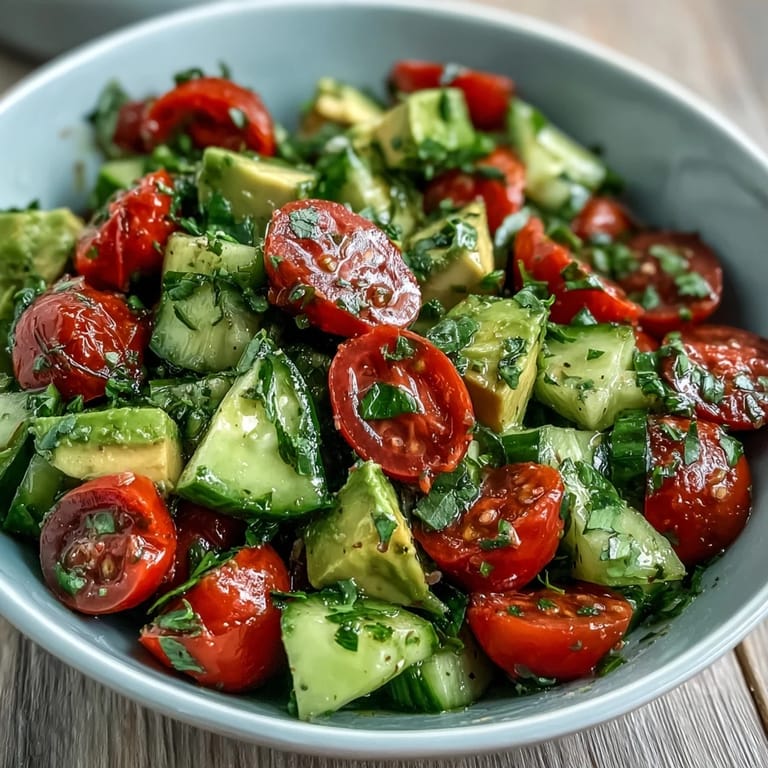 Refreshing Cucumber Tomato Avocado Salad with Lemon Dressing, featuring crisp cucumbers, juicy tomatoes, and a bright, tangy citrus vinaigrette.