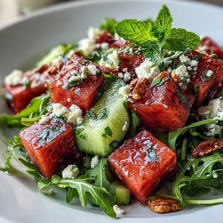 Colorful watermelon and arugula salad featuring juicy fruit, peppery greens, crumbled feta, and crunchy pistachios in a tangy lime vinaigrette.