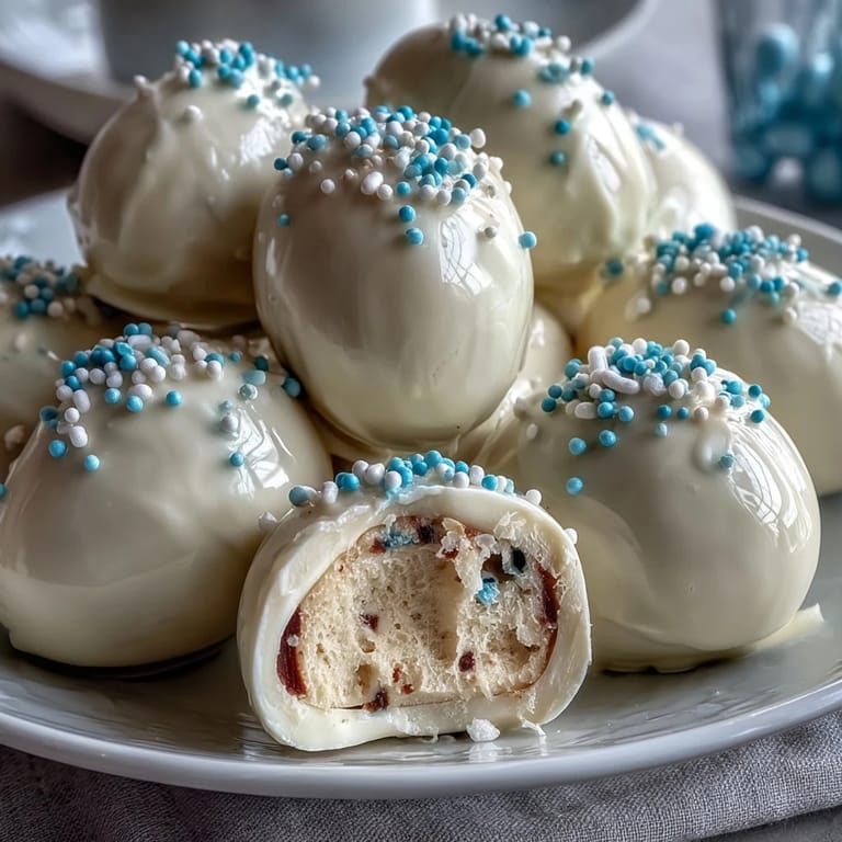Festive Easter dessert: peanut butter eggs dipped in white chocolate and topped with vibrant sprinkles for a sweet treat.