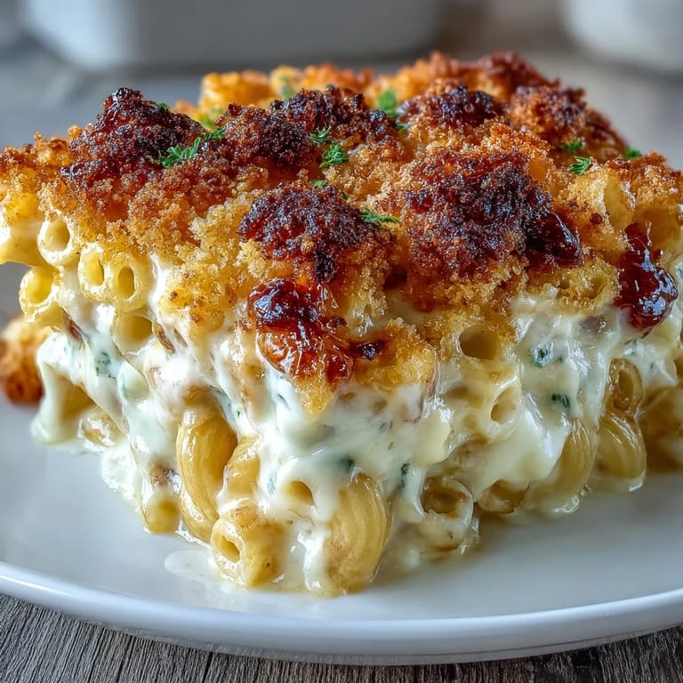 Rich and creamy macaroni and cheese bake, featuring bubbling cheddar sauce and a crunchy breadcrumb crust.