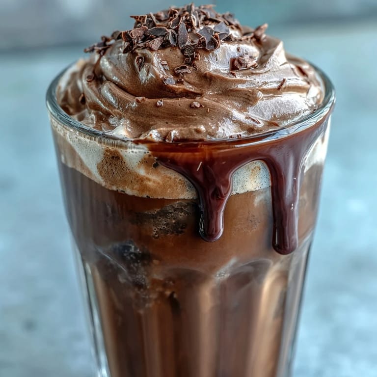 A refreshing glass of cold brew coffee crowned with silky chocolate cream and a drizzle of syrup, ideal for Chocolate Cream Cold Brew fans.