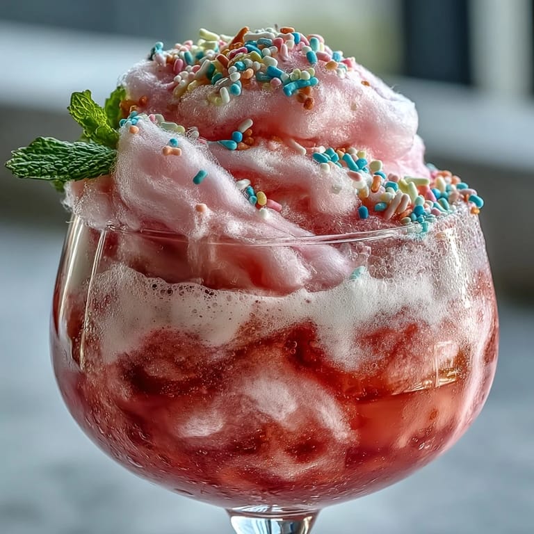 Colorful cotton candy lemonade float featuring lemonade, ice cream, and cotton candy in a sprinkle-rimmed glass.