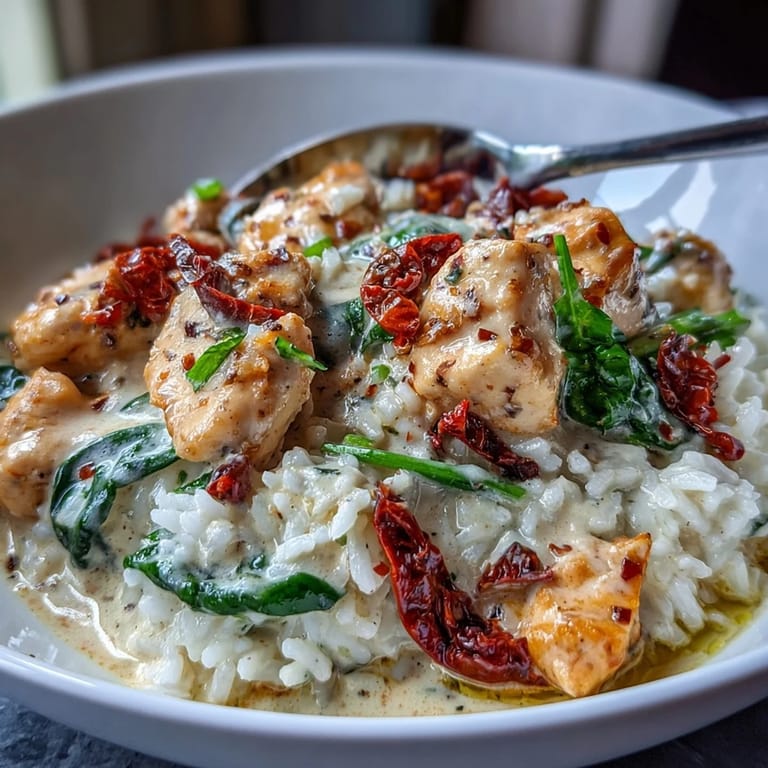 A hearty one-pan skillet of Creamy Tuscan Chicken Rice with sun-dried tomatoes, steaming beside crusty bread.