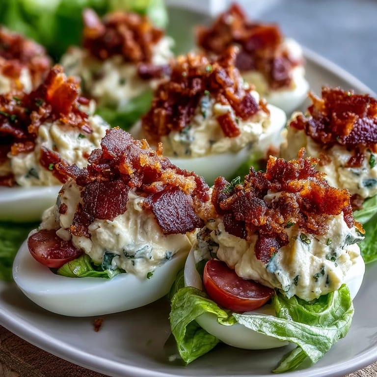 Creamy deviled eggs topped with smoky bacon, diced tomatoes, and shredded lettuce in BLT style.