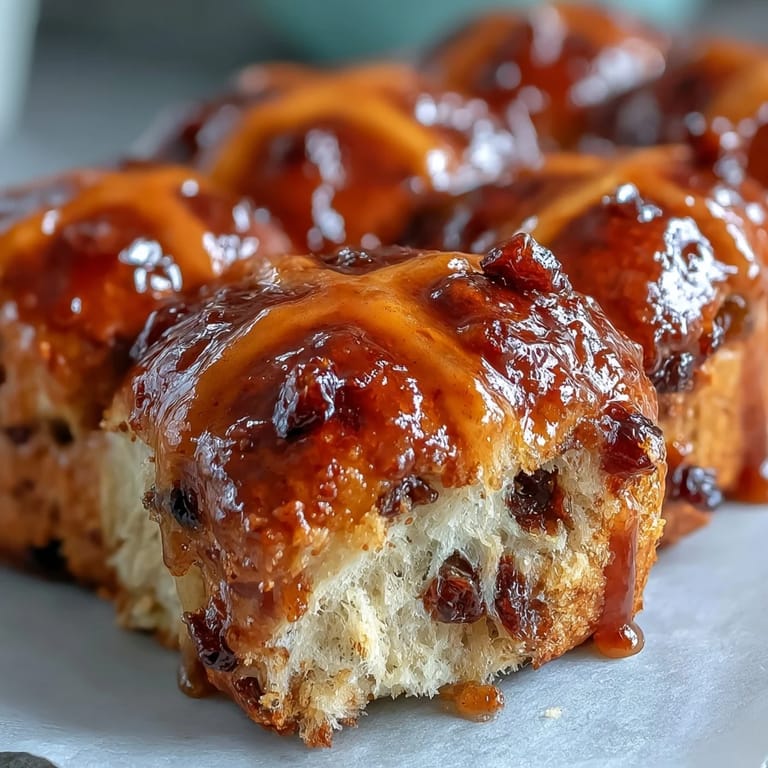 Golden hot cross buns topped with a delicate flour cross, each bite bursting with warm spices and juicy currants.
