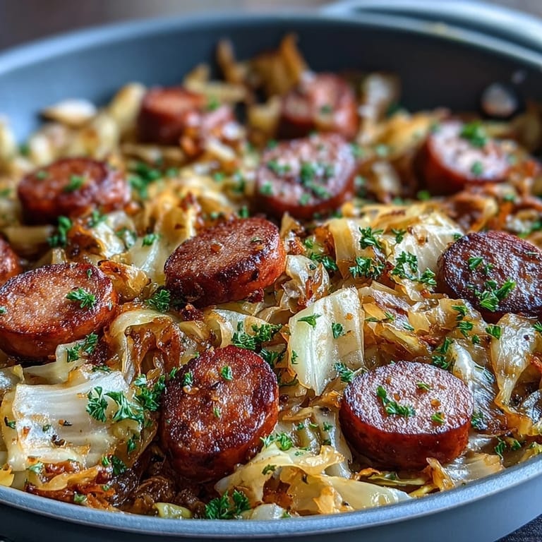 Rustic one-pan cabbage and sausage dish featuring caramelized onions, garlic, and optional caraway seeds.