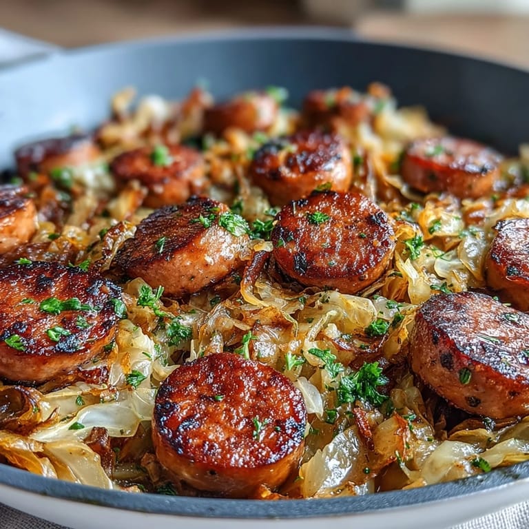 Comforting cabbage and sausage skillet with golden-brown sausage, wilted cabbage, and fresh parsley garnish.