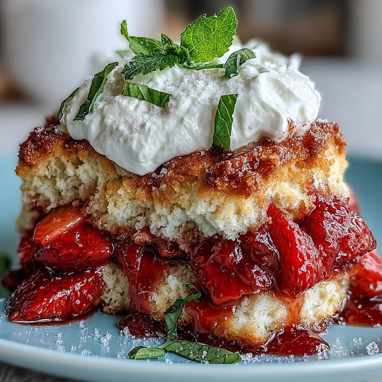 Buttery biscuits sandwiching strawberries macerated with basil and lemon, served with rich whipped cream for a summery dessert.