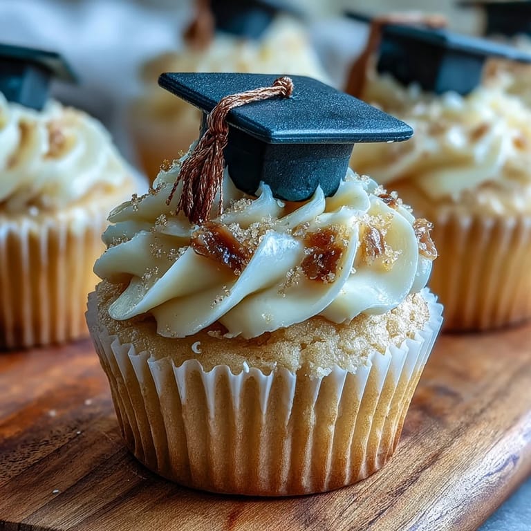Festive buttercream-frosted cupcakes topped with handmade fondant graduation caps, decorated in black and gold.  