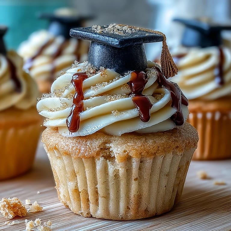 Decadent vanilla cupcakes featuring edible black and gold fondant caps, ideal for graduation parties and dessert tables.